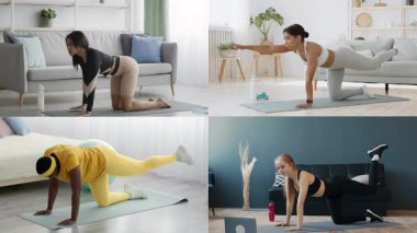 Çeşitli bir grup insan, parlak, havadar bir iç mekanda çeşitli çalışma rutinleri uyguluyor. Bu atletik bireyler spor seviyelerini güçlendirmeye ve geliştirmeye odaklanmış durumdalar..