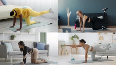 Dört atletik insan kapalı mekanlarda çeşitli egzersizler yapıyor..