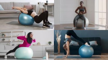 Farklı geçmişlere sahip dört birey denge toplarını kullanarak spor yapıyor. Parlak, modern bir kapalı alanda. Atmosfer enerjiktir ve sağlığa teşvik eder..