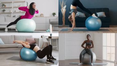 Çeşitli bireyler modern bir iç mekanda egzersiz toplarını kullanarak çeşitli egzersiz rutinlerine giriyorlar..