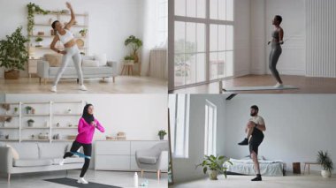 Aydınlık bir kapalı alanda, farklı geçmişlere sahip insanlar çeşitli atletik egzersizlere katılıyorlar. Her birey egzersiz rutinine odaklanır, sağlıklı ve aktif bir yaşam tarzını teşvik eder..