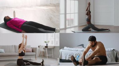 Spor salonlarında esneme, meditasyon ve yoga gibi çeşitli insan grupları iyi ışıklandırılmış alanlarda spor yapıyor. Her katılımcı kendini sağlıklı bir yaşam tarzına adamış..