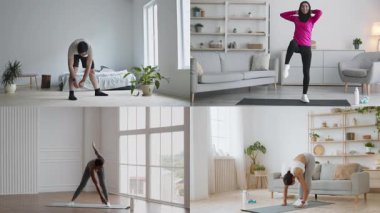 Farklı geçmişlerden gelen birden fazla birey, modern, iyi ışıklandırılmış alanlarda çeşitli fitness rutinlerine aktif olarak katılıyorlar..