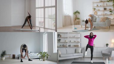 Aydınlık ve çağdaş bir ev ortamında farklı atletizm egzersizleri sergileyen dört kişi. Konsantrasyon spor, sağlıklı yaşam ve hareketin keyfi üzerine kuruludur..