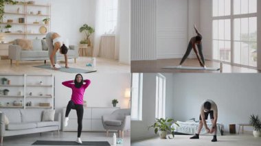 Çeşitli atletik bireyler, parlak ve rahat ev ortamlarında çeşitli fitness aktiviteleri gerçekleştirirler..