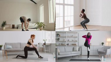 Dört farklı insan evlerinde çeşitli fitness egzersizlerine katılıyor, egzersiz rutinlerini, sağlıklı yaşam tarzlarını ve parlak, rahat bir alanda sağlığa olan bağlılıklarını vurguluyorlar..