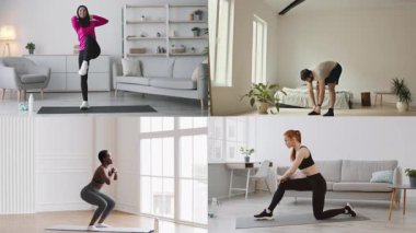 Farklı bireylerden oluşan bir grup, kapalı alanlarda çeşitli atletik egzersizler yapıyor. Etkinlikler arasında esneme, çömelme ve meditasyon, sağlıklı bir yaşam tarzı yakalamak yer alıyor..