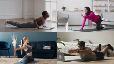 Çeşitli bireyler, evde farklı atletik egzersizler yaparak sağlıklı alışkanlıklar ve aktif bir yaşam tarzı sergiliyor. Her kişi farklı alanlardaki egzersiz rutinine odaklanır..
