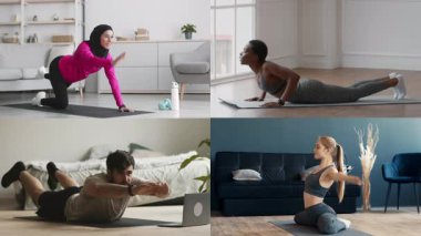 Çeşitli bireylerden oluşan bir grup içeride çeşitli fitness aktiviteleri gerçekleştiriyor, atletizm ve sağlıklı yaşam tarzlarına bağlılıklarını sergiliyorlar..