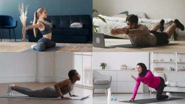 Yoga, güç eğitimi ve meditasyon gibi farklı egzersizleri uygulayan bir grup insan. Bu aktif bir yaşam tarzını gösteriyor, sağlık ve uygunluğu vurguluyor.