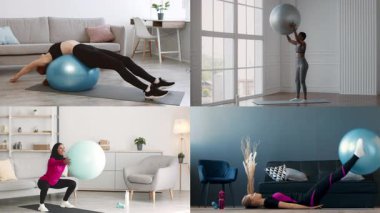 Dört birey, kapalı alanda egzersiz toplarını kullanarak farklı egzersizler yapıyor. Etkinlikleri fitness ve sağlıklı bir yaşam tarzını teşvik ediyor, çeşitli atletik beceriler sergiliyor..