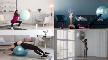 Çeşitli gruplar, modern iç mekanlarda spor topları kullanarak aktif olarak farklı atletizm rutinlerine katılıyorlar, sağlıklı bir yaşam tarzı ve fitness kültürünü etkinlik yoluyla destekliyorlar..