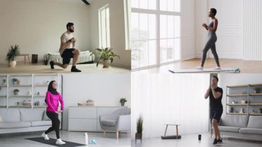 Dört atletik birey, doğal ışıkla dolu parlak ve ferah odalarda hamleler ve meditasyon gibi spor faaliyetleri gerçekleştiriyor. Ortam sağlıklı bir yaşam tarzını ve refahı vurguluyor..