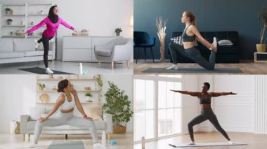 Bir grup kadın evde farklı egzersizler yapıyor, yoga, esneme ve spor hareketleri sergiliyorlar. Her birey sağlıklı bir yaşam tarzına girer ve sağlığını destekler..
