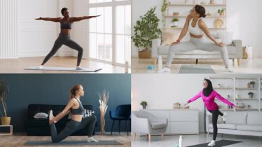 Evde çeşitli atletizm ve spor faaliyetlerine katılan çeşitli bireylerden oluşan bir derleme. Yoga ve meditasyonu parlak, modern ortamlarda yapıyorlar, sağlıklı yaşam tarzları sergiliyorlar..