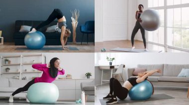 Parlak bir iç mekanda denge topları üzerinde çeşitli fitness egzersizleri yapan bireylerden oluşan bir grup. Hareketleriyle atletizm, güç ve farkındalık gösterirler..