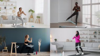 Farklı bireyler içeride çeşitli fitness aktivitelerine katılıyor, canlı ve sağlıklı bir yaşam tarzı sergiliyorlar. Antrenman ekipmanları kullanıyorlar ve güç ve esneklik egzersizleri sergiliyorlar..