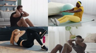 Çeşitli bireyler evde çeşitli fitness etkinliklerine katılır, sağlık, refah ve aktif yaşamı vurgulayan dinamik çalışmalar sergiler..