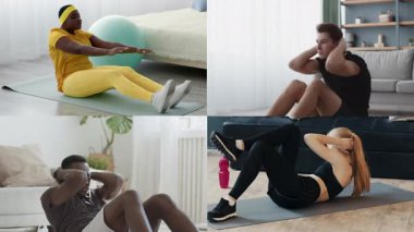 Çeşitli bir grup insan evlerinde farklı antrenmanlara katılıyor, atletizm ve sağlıklı bir yaşam tarzına olan bağlılıklarını sergiliyorlar. Çekirdek egzersizlerini şık ve parlak atletizm kıyafetleriyle yaparlar..