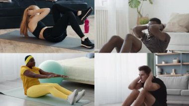 Bir grup, parlak ve ferah bir odada çeşitli fitness aktivitelerine katılır. Her insan temel egzersizleri paspaslar üzerinde yapar. Sağlıklı bir yaşam tarzına olan bağlılığını gösterir..