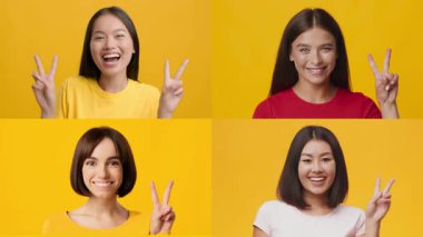 Neşeli bir kolajda çeşitli bireyler mutluluğu ve zaferi V işaretleriyle ifade ediyor. Her insan canlı bir arka plana karşı parlak renkler giyer, pozitiflik ve başarı yayar..