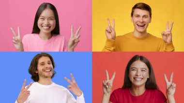 Ziyaretçi jestleriyle neşe ve pozitifliği ifade eden dört bireyin kolajı. Her insan renkli geçmişlerine karşı parlak bir gülümseme sergiliyor, bir başarı ve kutlama duygusunu vurguluyor..