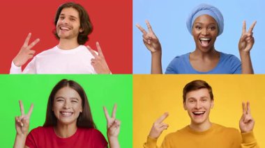 Mutluluk ve pozitifliği zafer el hareketleriyle ifade eden çeşitli bireylerden oluşan bir derleme. Her insan parlak, renkli arka planlara karşı mutluluk sergiliyor, bir başarı duygusunu somutlaştırıyor..