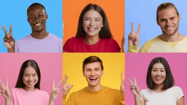 Zafer jesti olarak Ziyaretçileri gösteren çeşitli mutlu bireyler koleksiyonu. Her insan renkli arkaplanlara karşı parlak bir şekilde gülümser, canlandırıcı bir atmosfer yaratır..