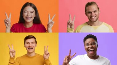 Bir kolajdaki dört birey, mutluluk ve başarı ruhunu temsil eden renkli geçmişlerine karşı V işaretleriyle neşe ve pozitifliklerini sergiliyorlar..