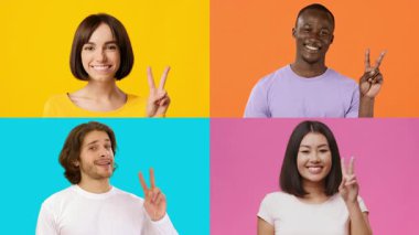 Farklı arkaplanlardan gelen neşeli bireylerin oluşturduğu bir derleme V hareketlerini gösteriyor, renkli arkaplanlara karşı zafer ve mutluluğu simgeliyor..