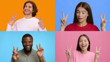 Dört bireyden oluşan çeşitli bir grup başarıyı sevinçle kutluyor, her biri Ziyaretçi jesti gösteriyor. Parlak geçmişleri, o anın pozitif atmosferini yükseltir..