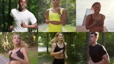 Farklı geçmişlere sahip bir grup bireyin yemyeşil bir ortamda koştuğu görülüyor. Egzersizleri fitness ve sağlıklı bir yaşam tarzını gösteriyor..