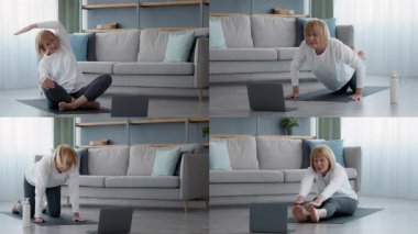 Formda yaşlı bir yetişkin evde çeşitli egzersizler yapar, geniş bir oturma odasında esneme hareketleri, yoga pozları ve çekirdek egzersizleri gösterir. Oturumlar sağlık ve hareketliliği teşvik eder.