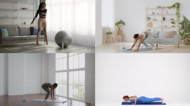 Dört aktif kadın şık ev ortamlarında çeşitli tatbikatlara katılıyor. Etkinlikler arasında zıplama, yoga, esneme ve şınav yer alıyor, çeşitli fitness yaklaşımları vurgulanıyor.