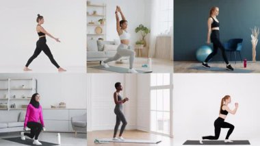 Rahat giyimli bayanların bir karışımı içeride çeşitli fitness aktivitelerine katılıyorlar. Yoga yaparlar, hamleler yaparlar, ağırlık kullanırlar, sağlık ve aktif yaşam tarzlarını desteklerler..