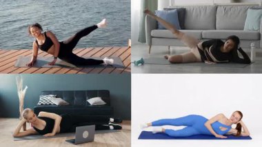 Dört kadın farklı egzersiz tekniklerine dikkat çekerek çeşitli egzersizler yapıyor. Her insan eşsiz ortamlarda spor yapar, gücü, esnekliği ve genel sağlık durumunu vurgular..