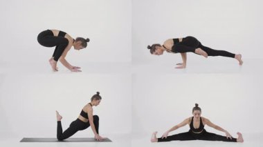 Kadın bir egzersiz seansında yoga pozları sergiliyor. Ortam minimalist, fitness ve sağlıklı yaşam tarzı tercihlerine odaklı..