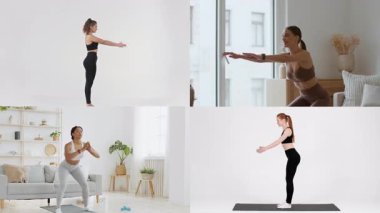 Parlak ve geniş bir ortamda, kadınlar çömelme ve esneme de dahil olmak üzere çeşitli egzersiz faaliyetleri sergiliyorlar. Her insan sağlıklı bir yaşam tarzını desteklemek için spor yapmaya olan bağlılığını gösterir..