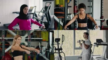 Bir grup farklı birey modern bir spor salonunda atletizm antrenmanına katılıyor. Gücünü arttırmak ve sağlıklı bir yaşam tarzı geliştirmek için çeşitli ekipmanlar kullanıyorlar..