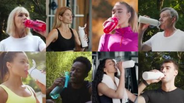 Çeşitli arka planlardan gelen bireyler su şişeleriyle susuzluklarını giderirken açık hava ortamında fitness faaliyetlerine girişiyorlar. Her insan sağlık ve sağlığa bağlılığını gösterir..