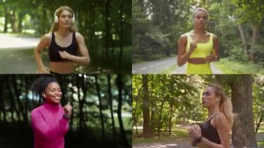 Açık havada yemyeşil bir ortamda koşan bir grup atletik kadının altını çizen bir kolaj. Her katılımcı dinamik fitness aktiviteleriyle sağlıklı bir yaşam tarzını temsil eder..