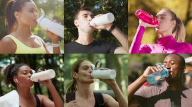 Canlı bir açık hava ortamında, enerjik insanlardan oluşan bir grup susuzluğunu gidermek için ferahlatıcı bir mola verir. Her birey sağlıklı bir yaşam tarzına ve fitness 'e bağlılığını gösterir..
