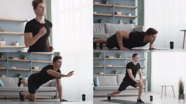 Koşu, şınav ve hamleler de dahil olmak üzere çeşitli atletizm egzersizleri yapan sportif bir adam topluluğu, iyi aydınlatılmış bir ev ortamında, fitness ve sağlıklı bir yaşam tarzını vurgulayarak,.