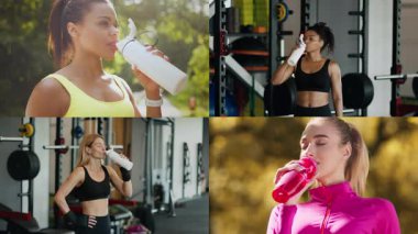 Çeşitli arka planlara sahip sporcular, fitness ortamında egzersiz yaparken su şişeleriyle su içiyorlar, sağlık ve canlı bir yaşam tarzını destekliyorlar..