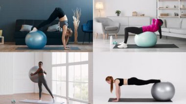 Dinamik bir grup kadın, şık bir iç mekan ortamında çeşitli fitness topu egzersizlerine girişiyor. Her egzersiz gücü, dengeyi ve esnekliği hedef alır, sağlıklı bir yaşam tarzını teşvik eder..