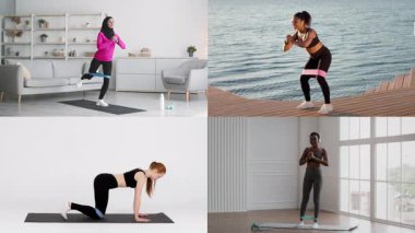 Bir grup atletik kadın direnç bandı egzersizleri ve güç eğitimi de dahil olmak üzere çeşitli antrenmanlara katılıyor..