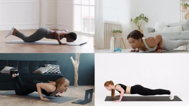 Dört kadın farklı mekanlarda şınav çekiyorlar, fitness 'e olan bağlılıklarını gösteriyorlar. Her birey, paspaslar üzerinde egzersiz yaparken doğru şekli korumaya odaklanır..