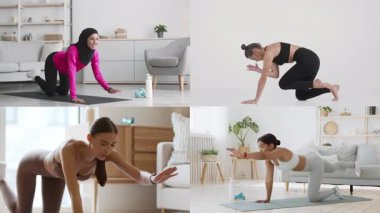 Evdeki çeşitli spor aktivitelerine katılan kadınlar atletizm ve sağlıklı bir yaşam tarzına olan bağlılıklarını gösteriyorlar. Atmosfer, rahat ortamlardaki eğitimi vurguluyor.