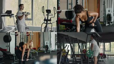 Dört farklı birey iyi donanımlı bir spor salonunda güç antrenmanı yapıyor. Kendilerini adamış ve odaklanmış bir şekilde spor yaparak aktif ve sağlıklı bir yaşam tarzını somutlaştırıyorlar..