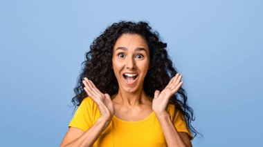 Mutlu Şoklar. Neşeli genç kadın ellerini kaldırıyor ve heyecanla çığlık atıyor, Mor Arkaplan üzerindeki başarıyı kutluyor, Boşluğu Kopyala